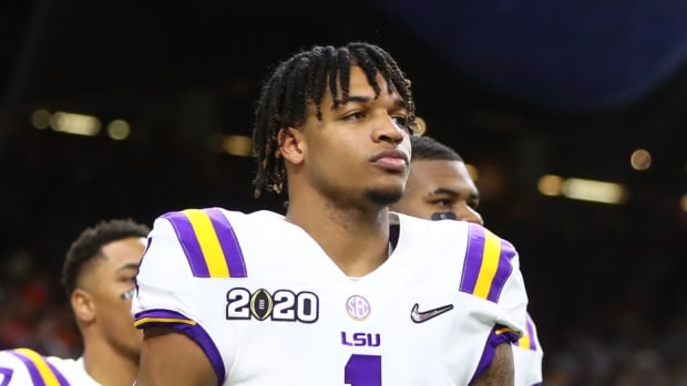 Jan 13, 2020; New Orleans, Louisiana, USA; LSU Tigers wide receiver Ja'Marr Chase (1) against the Clemson Tigers in the College Football Playoff national championship game at Mercedes-Benz Superdome. Mandatory Credit: Mark J. Rebilas-USA TODAY Sports